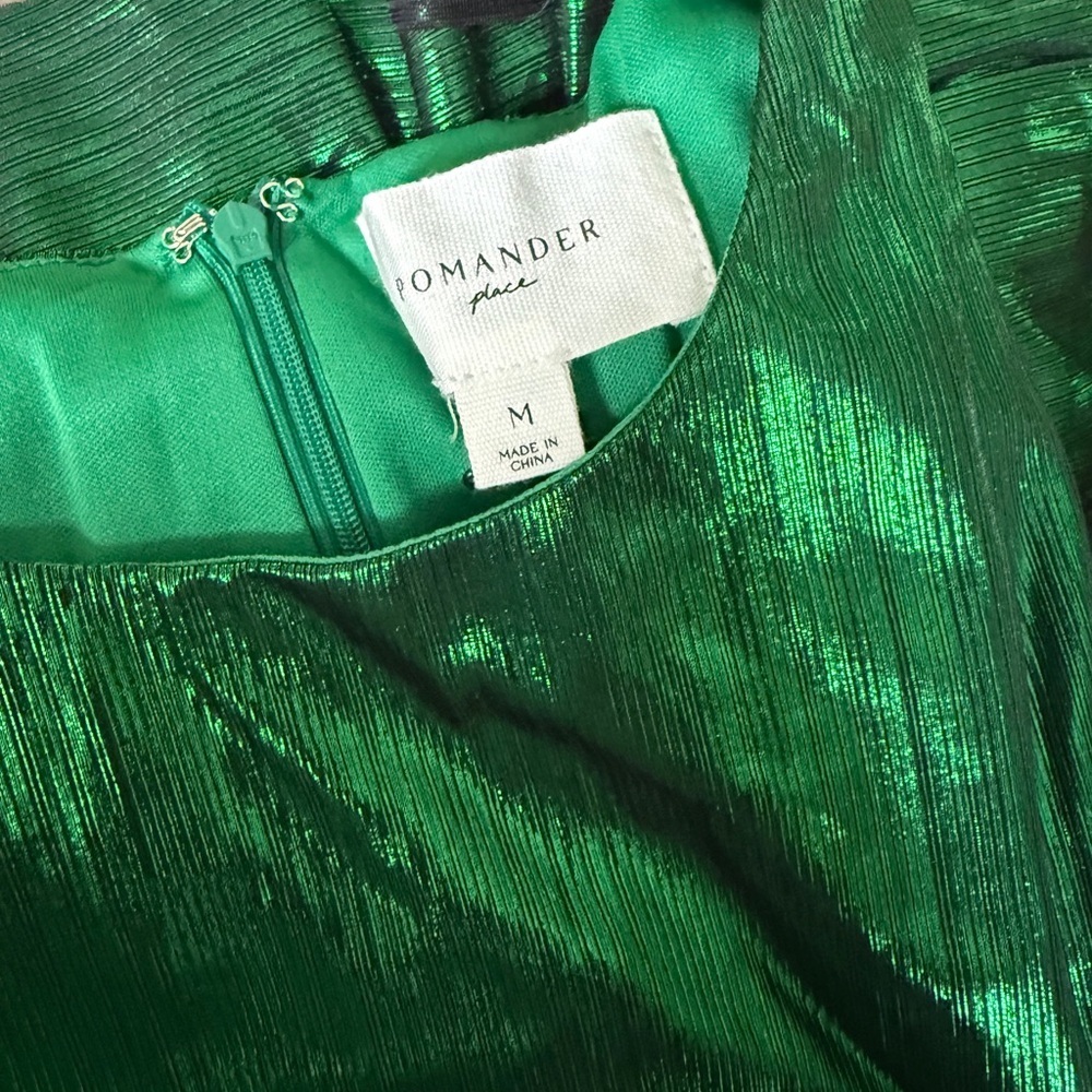 NWT Pomander Place Emerald Crinkle Lurex Midi Dress Size M Holiday Wedding Party - Picture 6 of 9